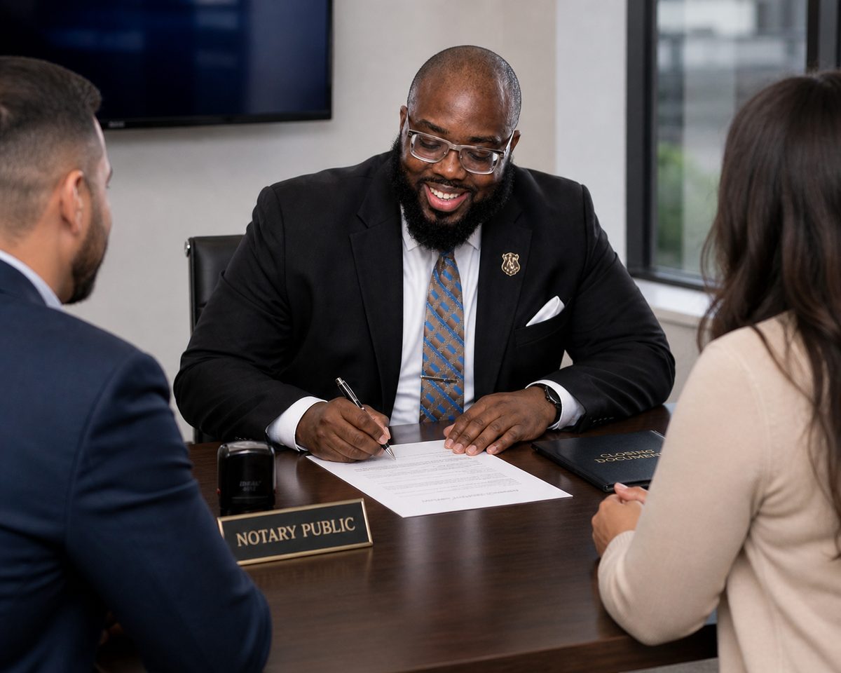 Chester signing notary documents with client